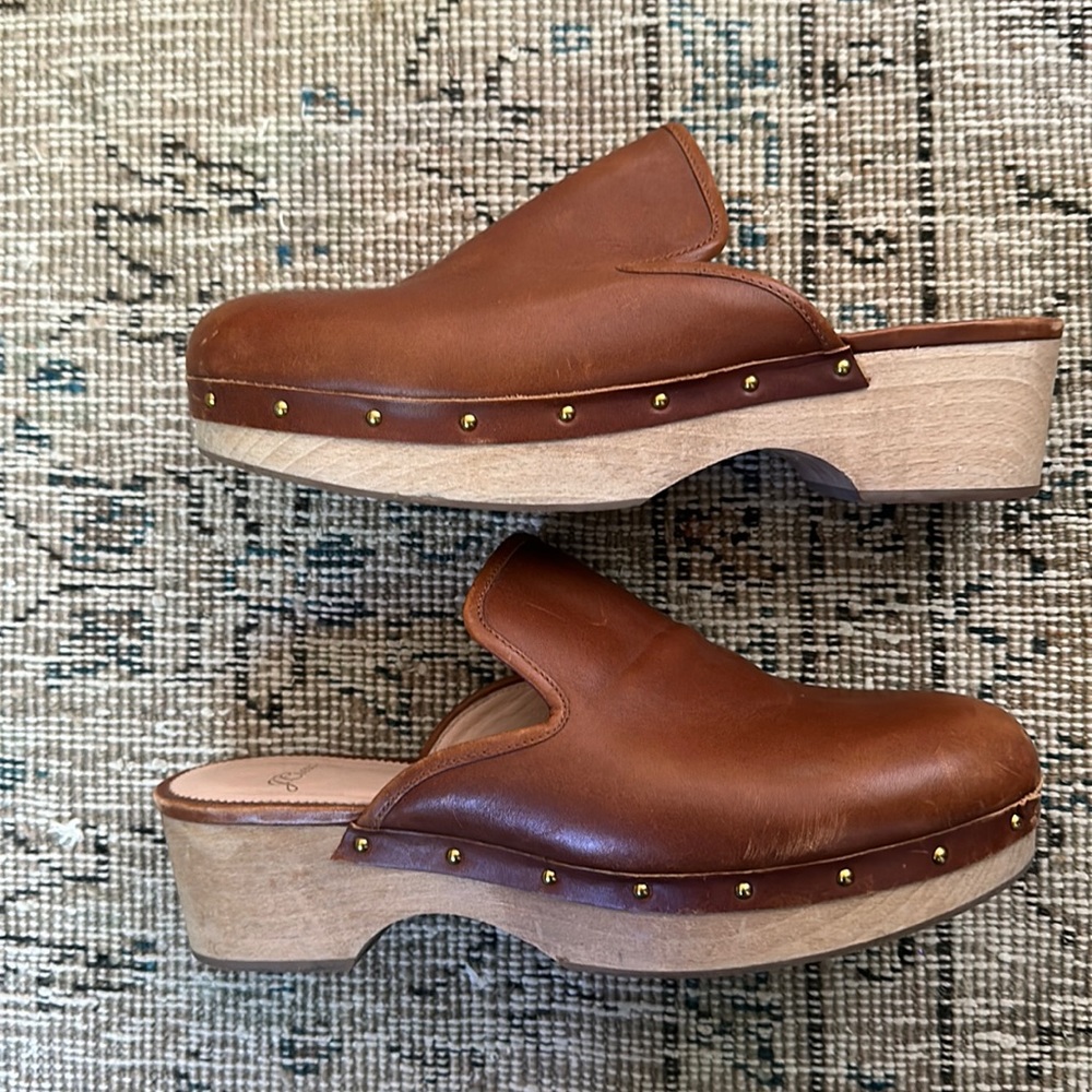 J. Crew Brown Leather Clog Wood Heel Style AQ675